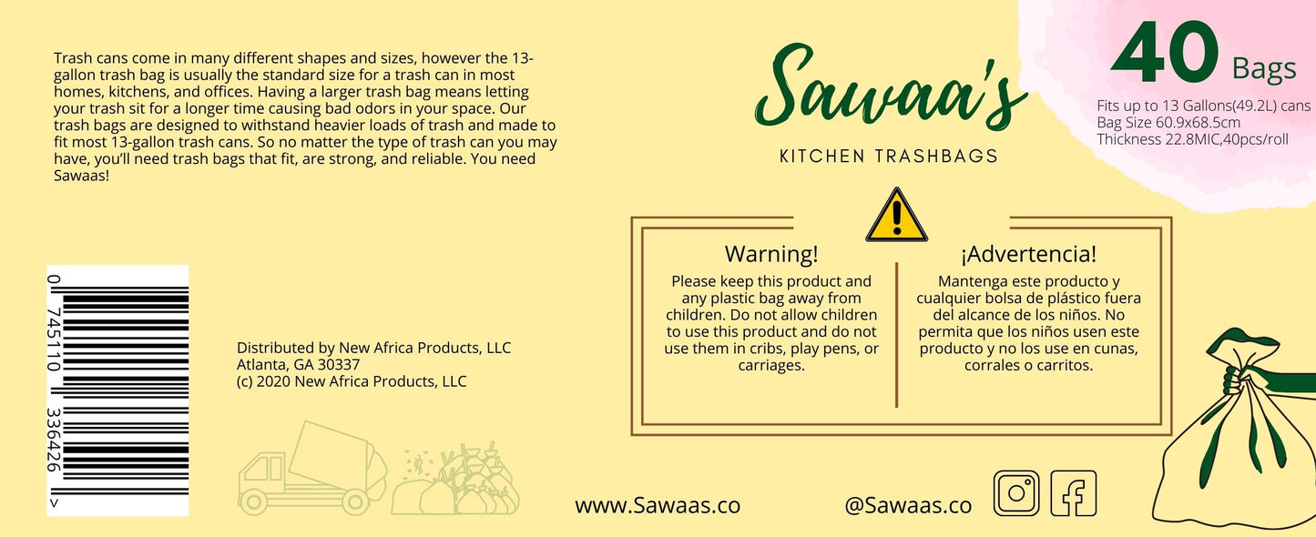 Trash Bags (13 Gallon Tall Kitchen Drawstring) , 40 Count - Sawaa's